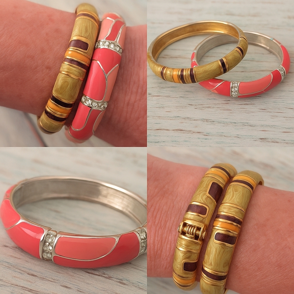 Vintage Enamel Hinged Bangle Bracelet Duo — 1980s/1990s Boutique Set